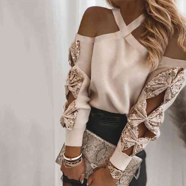 casual knitted sweater women off the shoulder fashion long sleeve bowknot sequined halter pullovers office lady winter clot, White;black
casual knitted sweater women off the shoulder fashion long sleeve bowknot sequined halter pullovers office lady winter clot, White;black