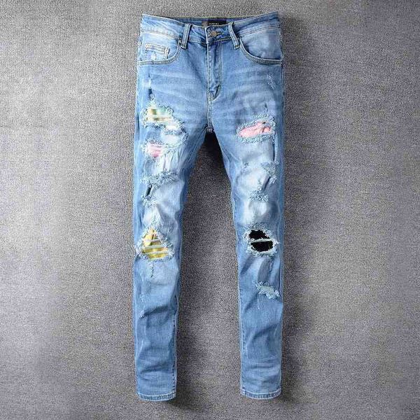 men's jeans high street fashion yellow pink hole ripped straight pants four season all match stretch night club trousers vgmg, Blue
men's jeans high street fashion yellow pink hole ripped straight pants four season all match stretch night club trousers vgmg, Blue