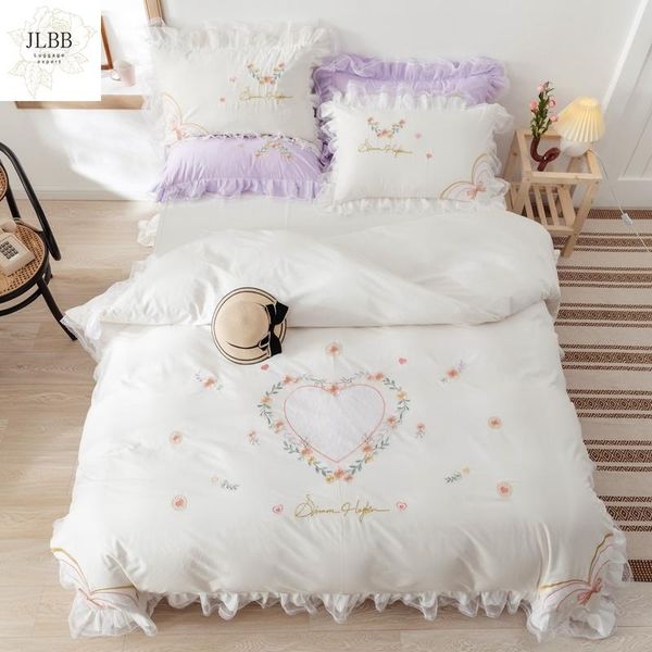 bedding sets 100% cotton love floral embroidery princess set double lace duvet cover bed linen skirt pillowcases home textile
bedding sets 100% cotton love floral embroidery princess set double lace duvet cover bed linen skirt pillowcases home textile