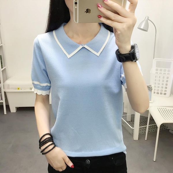 women's t-shirt summer 2021 spring clothing ice silk knitting short sleeve half doll collar top, White
women's t-shirt summer 2021 spring clothing ice silk knitting short sleeve half doll collar top, White