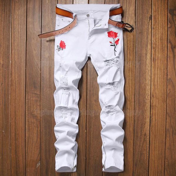 men's jeans style embroidered rose flower stretch spring autumn white and black ripped denim pants pantalons pour hommes, Blue
men's jeans style embroidered rose flower stretch spring autumn white and black ripped denim pants pantalons pour hommes, Blue