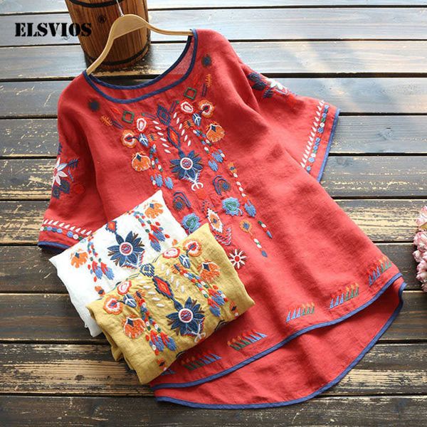 round neck short-sleeve flower embroidered large size loose women's national t-shirt summer cotton linen streetwear pullover y0621, White
round neck short-sleeve flower embroidered large size loose women's national t-shirt summer cotton linen streetwear pullover y0621, White