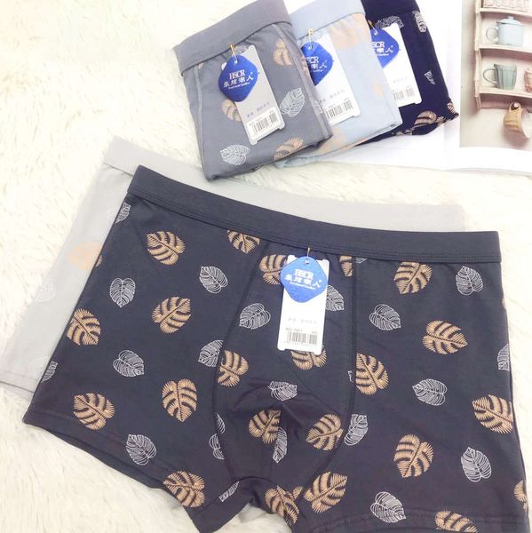 men's cotton underwear fashionable leaf printing plus fat boxers, Black;white