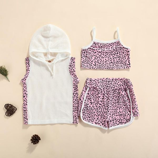 clothing sets baby kid pink camisole crop + toddler shorts hooded vest leopard print sport style breathable mesh summer outfit, White