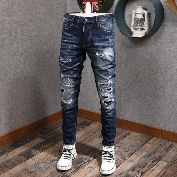 men's jeans american street fashion men retro blue slim fit destroyed ripped beading designer denim punk pants
men's jeans american street fashion men retro blue slim fit destroyed ripped beading designer denim punk pants