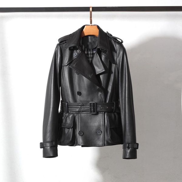 women's leather & faux classic style genuine jacket coat with belt collect waist clothes real sheepskin streetwear solid outerwear, Black
women's leather & faux classic style genuine jacket coat with belt collect waist clothes real sheepskin streetwear solid outerwear, Black