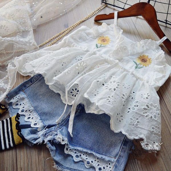 summer kids baby girls clothes suit sunflower embroidery lace ruffles vest +denim shorts casual children clothing sets, White
summer kids baby girls clothes suit sunflower embroidery lace ruffles vest +denim shorts casual children clothing sets, White
