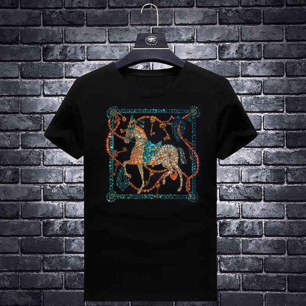 fashion t shirt 2021 men's popular short sleeve round neck slim summer clothes brand drill half, White;black
fashion t shirt 2021 men's popular short sleeve round neck slim summer clothes brand drill half, White;black