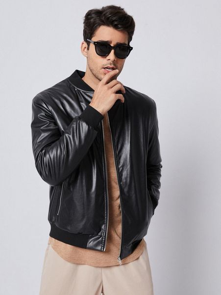 men zip up pu leather bomber jacket g23l#, Black;brown
men zip up pu leather bomber jacket g23l#, Black;brown