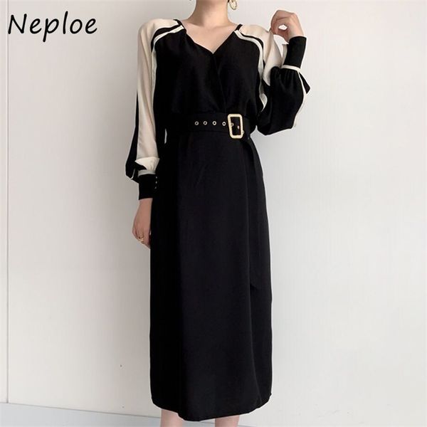 v neck lantern long sleeve pullover dress women high waist hip sashes straight vestidos hit color patchwork loose robe 210422, Black;gray
v neck lantern long sleeve pullover dress women high waist hip sashes straight vestidos hit color patchwork loose robe 210422, Black;gray
