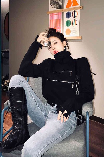 women's sweaters autumn and winter black zipper slim bottoming sweater high collar tassel short t628, White;black
women's sweaters autumn and winter black zipper slim bottoming sweater high collar tassel short t628, White;black