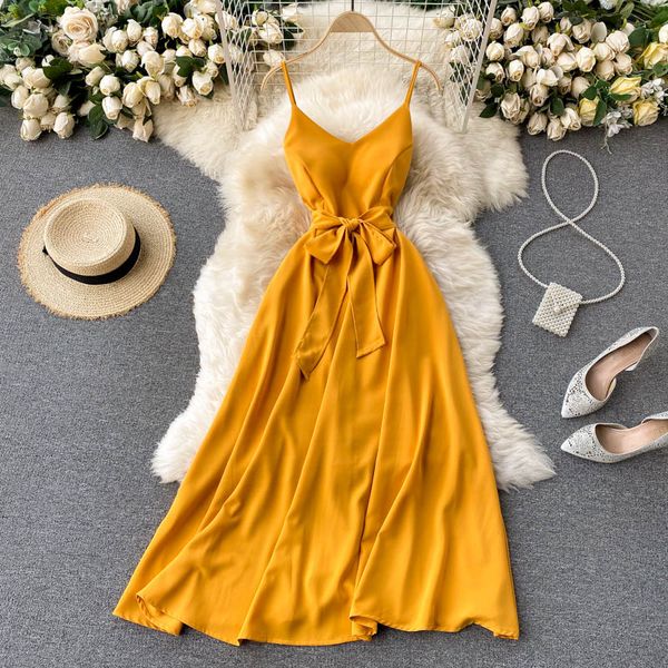 summer yellow spaghetti strap midi dress women sleeveless high waist open back bandage vestidos female beach 2021 new robe, Black;gray
summer yellow spaghetti strap midi dress women sleeveless high waist open back bandage vestidos female beach 2021 new robe, Black;gray