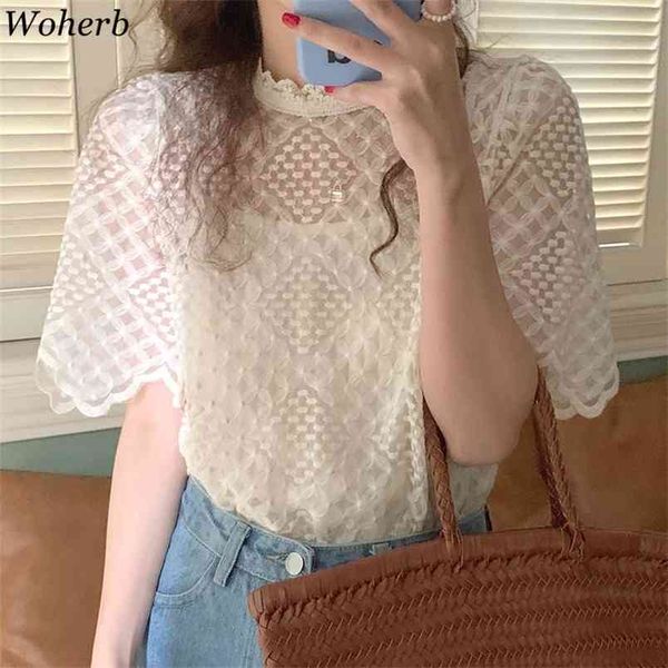 women blouses sweet stand collar lace hollow out crochet see through blusas short sleeve chic korean summer 210519, White
women blouses sweet stand collar lace hollow out crochet see through blusas short sleeve chic korean summer 210519, White