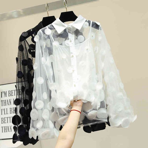 blouses blouses women's fashion perspective mesh blouse girls ladies three-dimensional floral shirt blusa feminina, White 
blouses blouses women's fashion perspective mesh blouse girls ladies three-dimensional floral shirt blusa feminina, White