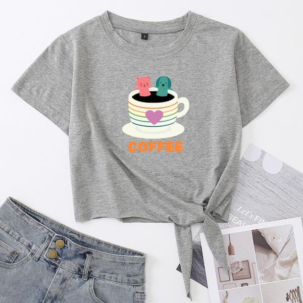 women's t-shirt funny cat dog coffee bath cup summer casual short-sleeve print cotton cropped graphic tee with front knot, White
women's t-shirt funny cat dog coffee bath cup summer casual short-sleeve print cotton cropped graphic tee with front knot, White