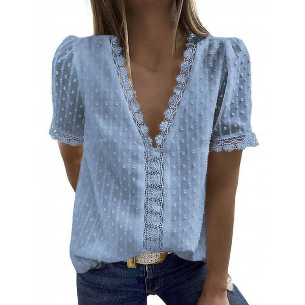 women's t-shirt short-sleeved casual women lace stitching spring and summer v-neck, White
women's t-shirt short-sleeved casual women lace stitching spring and summer v-neck, White