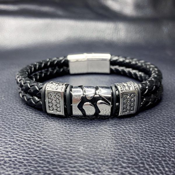 charm bracelets fashion male jewelry black braid leather men stainless steel magnetic clasp rock wristband bangles 0076, Golden;silver 
charm bracelets fashion male jewelry black braid leather men stainless steel magnetic clasp rock wristband bangles 0076, Golden;silver