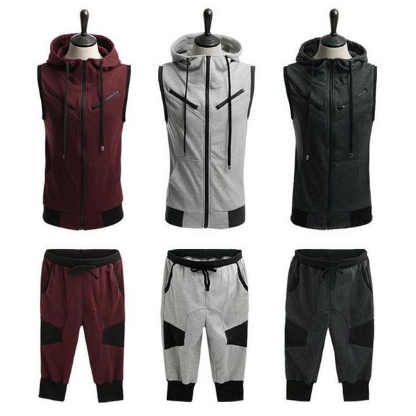 men's tracksuits men sleeveless sports wear hoodies sweatshirt & sweatpants casual zipper solid jogging cropped pants 2pcs set summer c, Gray
men's tracksuits men sleeveless sports wear hoodies sweatshirt & sweatpants casual zipper solid jogging cropped pants 2pcs set summer c, Gray