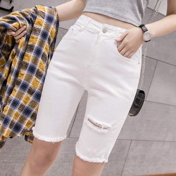 women's shorts black white straight stretch denim women midi jeans summer streetwear hole ripped high waist c7336, White;black
women's shorts black white straight stretch denim women midi jeans summer streetwear hole ripped high waist c7336, White;black