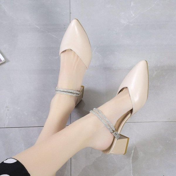 sandals women pointed toe mid heels simple korean style womens retro elegant outdoor summer breathable shoes leisure all-match, Black