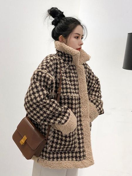 women's fur & faux winter vintage england style warm thick plaid lamp jacket women zipper outwear lady loose sheep plush coat clothes, Black
women's fur & faux winter vintage england style warm thick plaid lamp jacket women zipper outwear lady loose sheep plush coat clothes, Black
