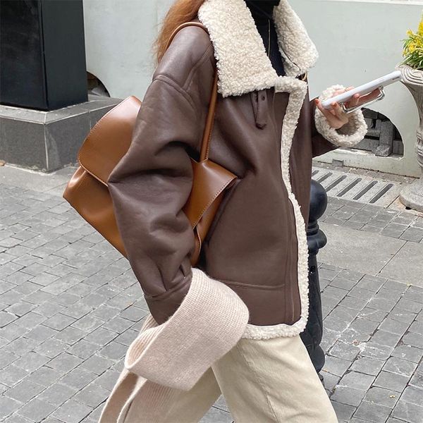 women's leather & faux fur winter coats solid turn-down collar coat loose outerwear casual, Black
women's leather & faux fur winter coats solid turn-down collar coat loose outerwear casual, Black