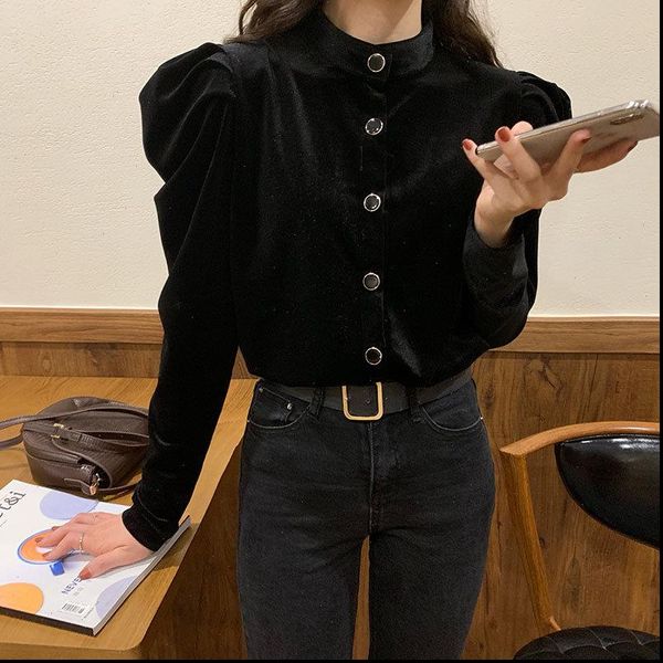 black vintage chic basic women shirts solid velvet retro sweet stylish all match loose office lady casual shirt, White
black vintage chic basic women shirts solid velvet retro sweet stylish all match loose office lady casual shirt, White