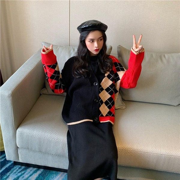 women's sweaters korean autumn and winter plaid sweater women knit cardigan coat female loose 2021, White;black
women's sweaters korean autumn and winter plaid sweater women knit cardigan coat female loose 2021, White;black