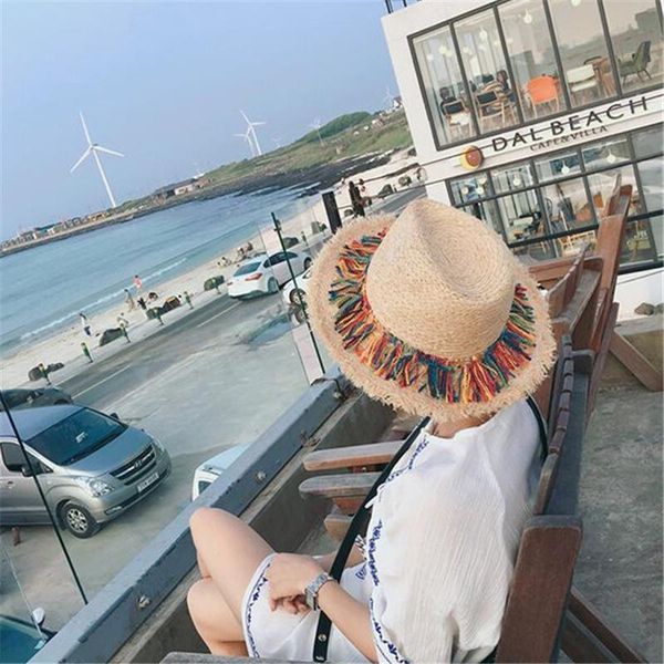 korean summer ladies color fringed straw hats holiday sun hat sunscreen beach cap female caps wide brim, Blue;gray
korean summer ladies color fringed straw hats holiday sun hat sunscreen beach cap female caps wide brim, Blue;gray