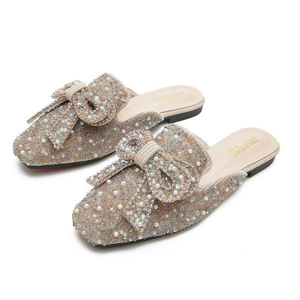 slippers 2021 crystal ladies mules slides women shoes bow knot square toe flat woman, Black