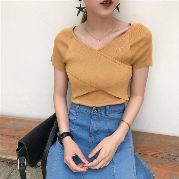 women's t-shirt casual solid chic t shirts korean knitting summer ladies v-neck shorts sleeves elegant slim fashion female t-shirts, White
women's t-shirt casual solid chic t shirts korean knitting summer ladies v-neck shorts sleeves elegant slim fashion female t-shirts, White