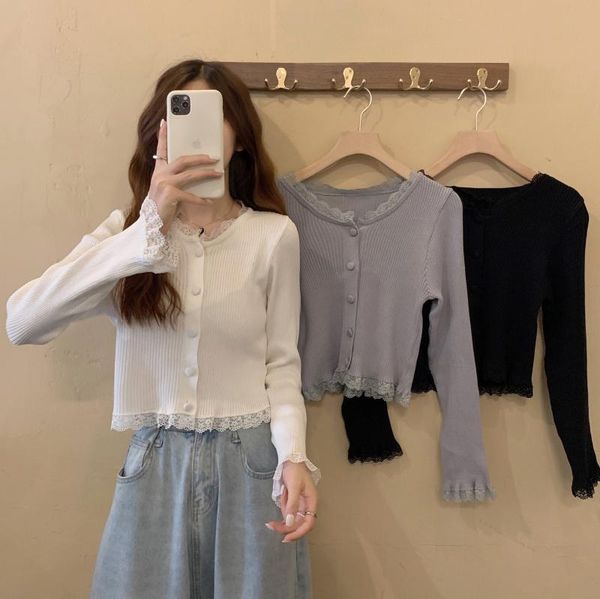women's t-shirt spring and autumn lace knitted cardigan women's long-sleeved o-neck bottoming, White
women's t-shirt spring and autumn lace knitted cardigan women's long-sleeved o-neck bottoming, White