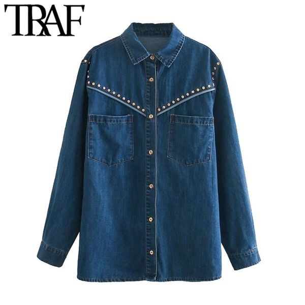 women fashion with rivet pockets loose denim jacket coat vintage long sleeve button-up female outerwear chic 210507, Black;brown
women fashion with rivet pockets loose denim jacket coat vintage long sleeve button-up female outerwear chic 210507, Black;brown