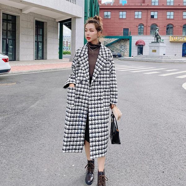 women's wool & blends female houndstooth plaid woolen coat mid-length autumn winter korean version loose and thin temperament over-the-, Black
women's wool & blends female houndstooth plaid woolen coat mid-length autumn winter korean version loose and thin temperament over-the-, Black