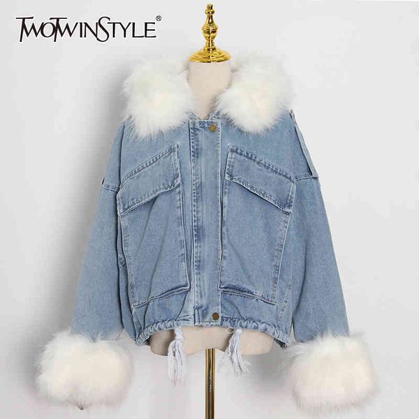 twotwinstyle casual patchwork fluff denim jacket for women hooded collar long sleeve thick coats female fashion clothing winter 210517, Black
twotwinstyle casual patchwork fluff denim jacket for women hooded collar long sleeve thick coats female fashion clothing winter 210517, Black