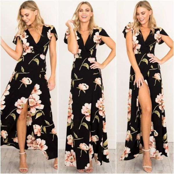 european and american women's summer printed v-neck short sleeve high fork dress, Black;gray
european and american women's summer printed v-neck short sleeve high fork dress, Black;gray
