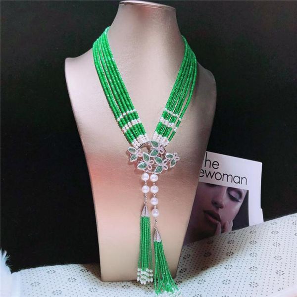 chains hand knotted natural white fresh water small pearl green stone micro inlay zircon accessoriese clasp sweater necklace, Silver
chains hand knotted natural white fresh water small pearl green stone micro inlay zircon accessoriese clasp sweater necklace, Silver