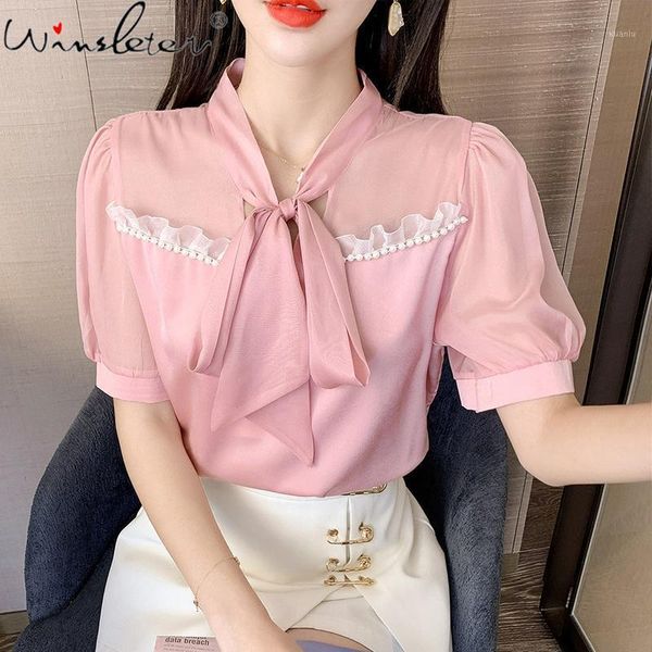women's blouses & shirts summer korean clothes bowknot lace up blouse fashion patchwork ruffles shiny beads elegant women short sleeve, White
women's blouses & shirts summer korean clothes bowknot lace up blouse fashion patchwork ruffles shiny beads elegant women short sleeve, White
