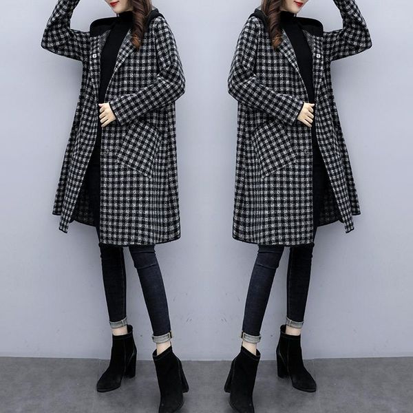 women's wool & blends women witer clothes coat pocket turn-down collar long sleeve loose plaid print female woolen outwear, Black
women's wool & blends women witer clothes coat pocket turn-down collar long sleeve loose plaid print female woolen outwear, Black