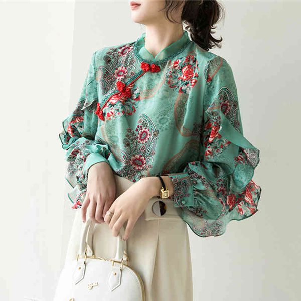 women's wool & blends chinese style floral ruffles shirt vintage elegant printed lantern sleeve chiffon qipao women high quali, Black
women's wool & blends chinese style floral ruffles shirt vintage elegant printed lantern sleeve chiffon qipao women high quali, Black