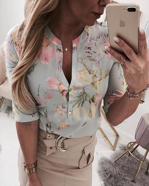 summer floral v neck womens shirts three quarter sleeve ol ladies plain casual single breasted, White
summer floral v neck womens shirts three quarter sleeve ol ladies plain casual single breasted, White