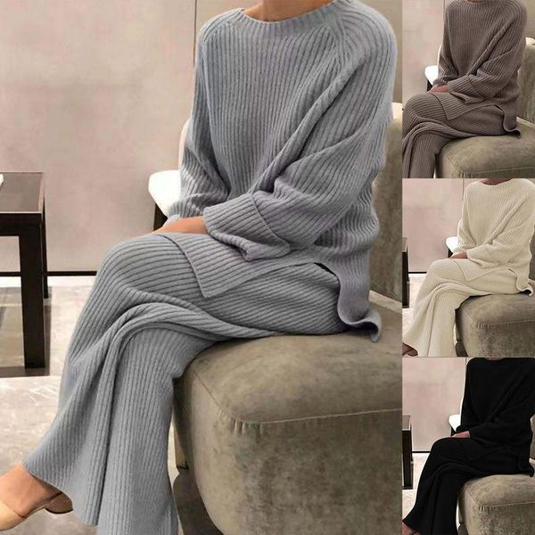 women's two piece pants 2021 fashion winter thicken warm knitted pullover sweater two-piece suits high waist loose wide leg set, White
women's two piece pants 2021 fashion winter thicken warm knitted pullover sweater two-piece suits high waist loose wide leg set, White