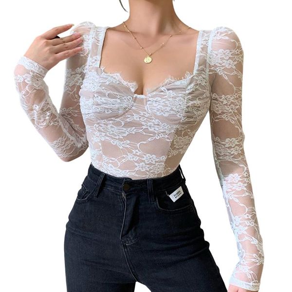 women's t-shirt women lace long sleeve with bottom collar perspective skinny fit spring clothing, White
women's t-shirt women lace long sleeve with bottom collar perspective skinny fit spring clothing, White