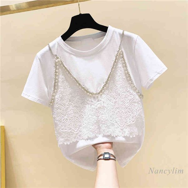 t shirt lace stitching fake two-piece beads rhinestones short-sleeved t-shirt women summer loose camisetas de mujer, White
t shirt lace stitching fake two-piece beads rhinestones short-sleeved t-shirt women summer loose camisetas de mujer, White