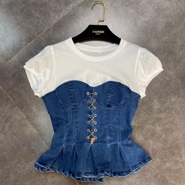 women's t-shirt fabpop 2021 summer design short sleeve o neck blue denim patchwork chain knitted slim fake two piece t shirt women gb50, White
women's t-shirt fabpop 2021 summer design short sleeve o neck blue denim patchwork chain knitted slim fake two piece t shirt women gb50, White