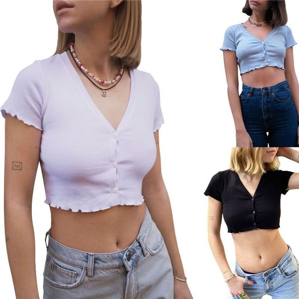 women's t-shirt summer rib knitted fashion crop women short sleeve buttons solid color streetwear v-neck female t-shirts, White
women's t-shirt summer rib knitted fashion crop women short sleeve buttons solid color streetwear v-neck female t-shirts, White
