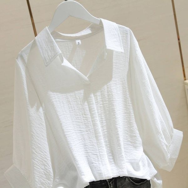 women white shirt summer casual loose office solid blouse long sleeve tee turn down collar 210603
women white shirt summer casual loose office solid blouse long sleeve tee turn down collar 210603