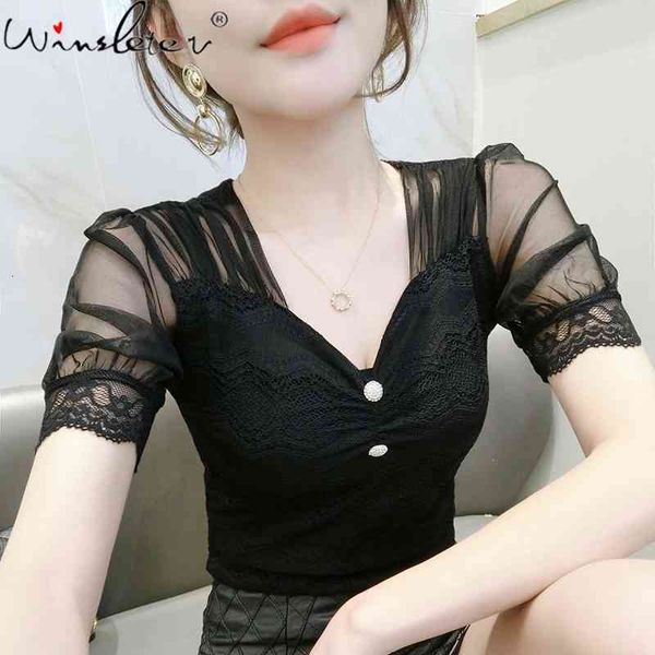 women's t-shirt summer korean style girls fashion v-neck mesh patchwork lace women short puff sleeve tee all match t1291, White
women's t-shirt summer korean style girls fashion v-neck mesh patchwork lace women short puff sleeve tee all match t1291, White
