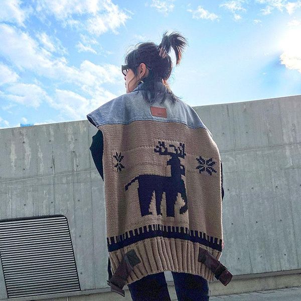 women's vests oversized blue denim vest 2021 spring autumn knitted patchwork single-breasted loose casual sleeveless coat female, Black;white