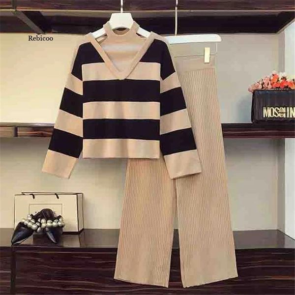 women's two piece pants autumn winter knitted set women striped halter sweater + elastic waist wide leg trousers tracksui suit, White
women's two piece pants autumn winter knitted set women striped halter sweater + elastic waist wide leg trousers tracksui suit, White